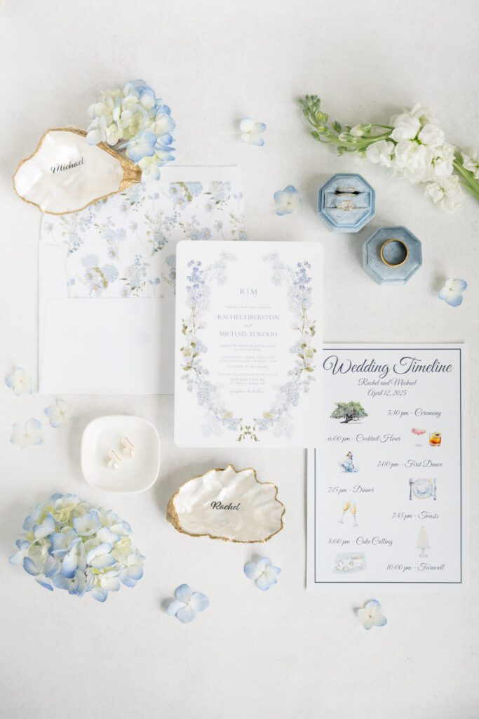 Flat lay wedding details with invitation suite at a Dataw Island wedding in South Carolina