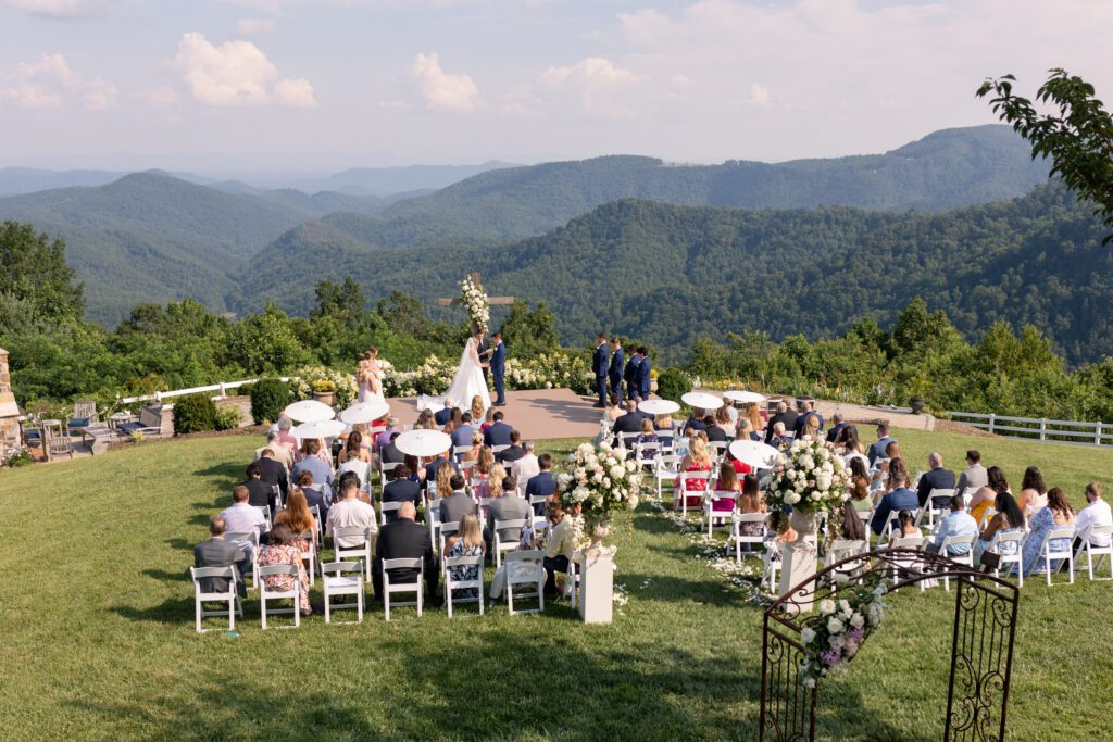 Outdoor ceremony at Summit on Cross Mountain with Blue Ridge Mountain views in North Carolina
