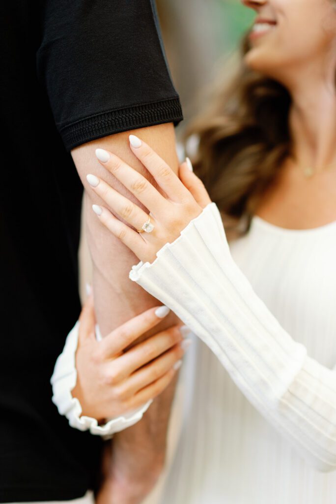 Close-up engagement ring detail shot during Washington Oaks Gardens State Park engagement photos in Flagler County